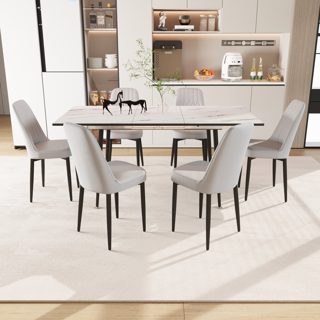 An Expandable Dining Table Set For 2 6 People, Equipped With Pu Fabric Thick Cushioned Dining Chairs And An Elegant And Spacious Dining Tablekitchen Table And Chair Set, With Black Metal Legs Grey