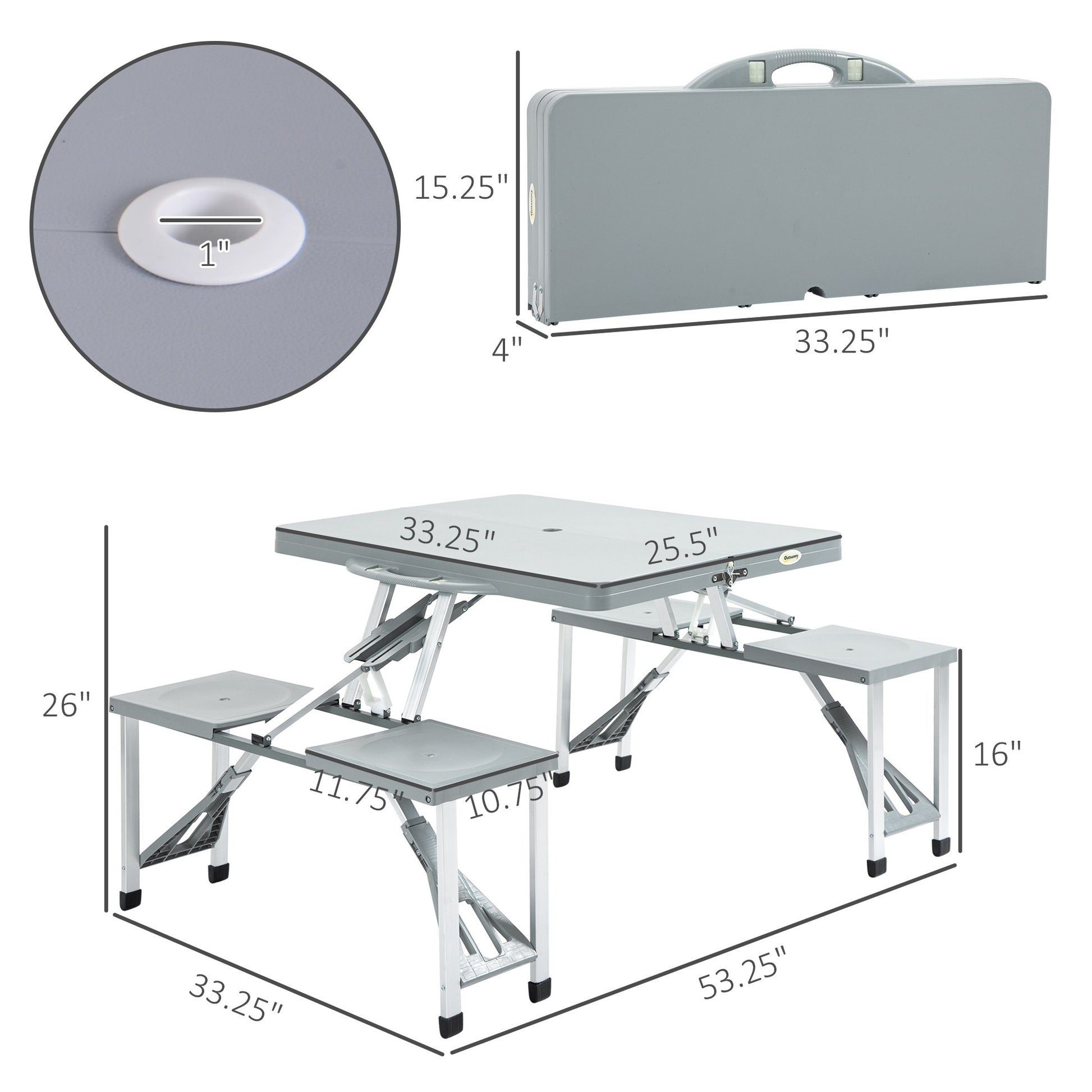 Outsunny Folding Picnic Table With Seats And Umbrella Hole, Portable Camping Chairs Set, 4 Seat, Aluminum Frame, Gray Grey Aluminum