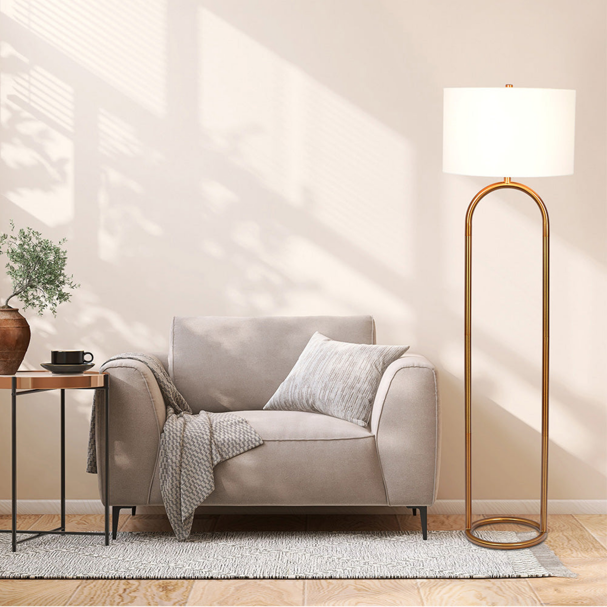 Vivid Brass Ring Base Floor Lamp With Large White Drum Shade Antique Brass,White Table&Floor Lamps Brass