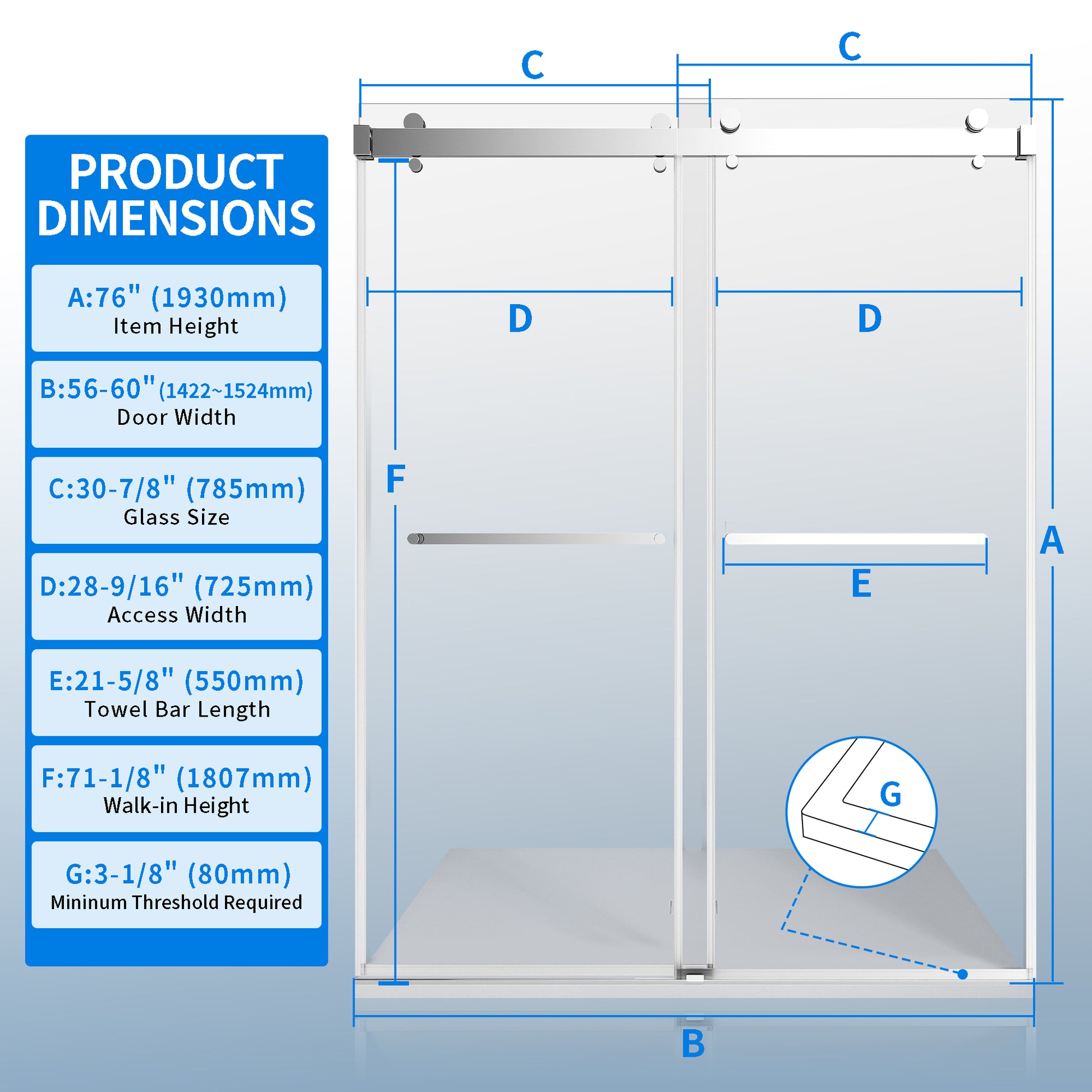 56 60 Inches Width 76 Inches Height Double Sliding Frameless Shower Door With 3 8 Inches 10Mm Clear Tempered Glass, Chrome Finish Chrome Bathroom Luxury,Modern Glass Aluminium,Stainless Steel