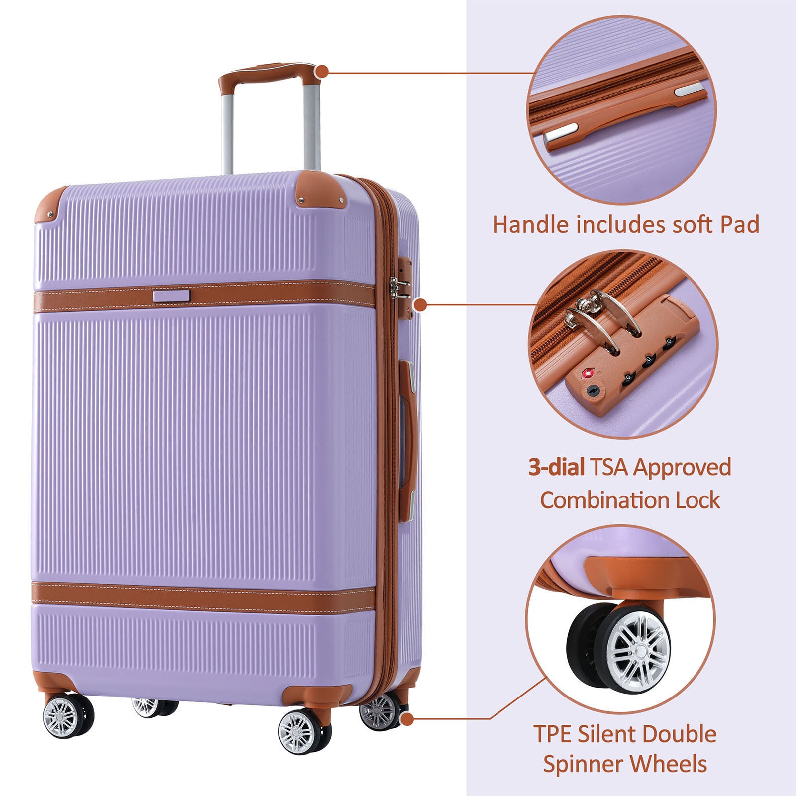 Hardshell Luggage Sets 3 Piece Double Spinner 8 Wheels Suitcase With Tsa Lock Lightweight 20''24''28'' Lilac Abs