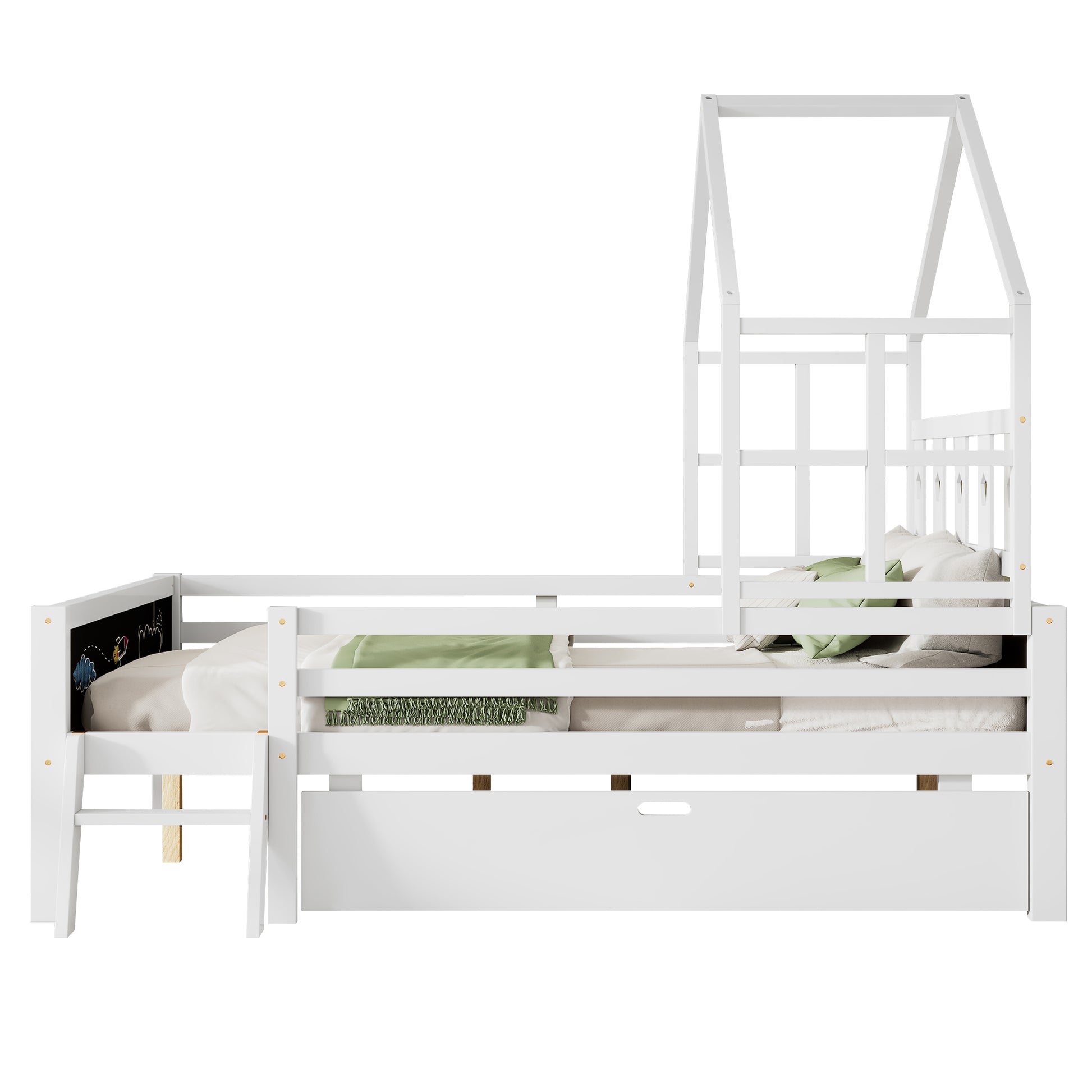 Full Size House Bed With Ladder And Storage Drawers For Kid Bedroom,Solid Wood Platfrom Bedframe With 2 Blackboard Design, No Box Spring Needed, White Full White Partice Board Mdf Pine Wood