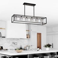 6 Light Farmhouse Chandelier, Modern Industrial Linear Rectangular Crystal Pendant Light Cage Chandelier For Dining Room,Kitchen Island, Bar, Long Table,G9*6 Bulbs Included Matte Black American