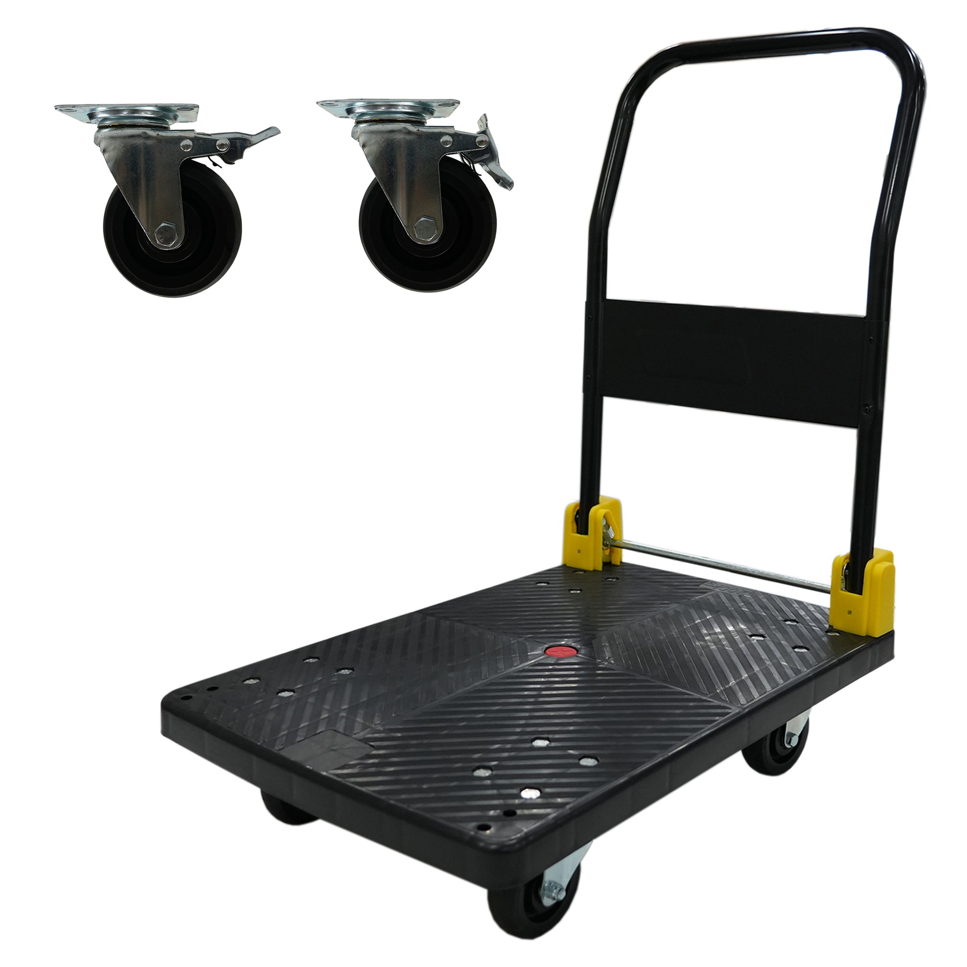 Foldable Platform Push Hand Truck Cart, 880 Lbs. Weight Capacity, 2 Swivel Brake Wheels Black Metal