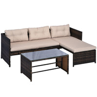 Outsunny 3 Piece Patio Furniture Set, Rattan Outdoor Sofa Set With Chaise Lounge & Loveseat, Soft Cushions, Tempered Glass Table, L Shaped Sectional Couch, Beige Beige Rattan Metal
