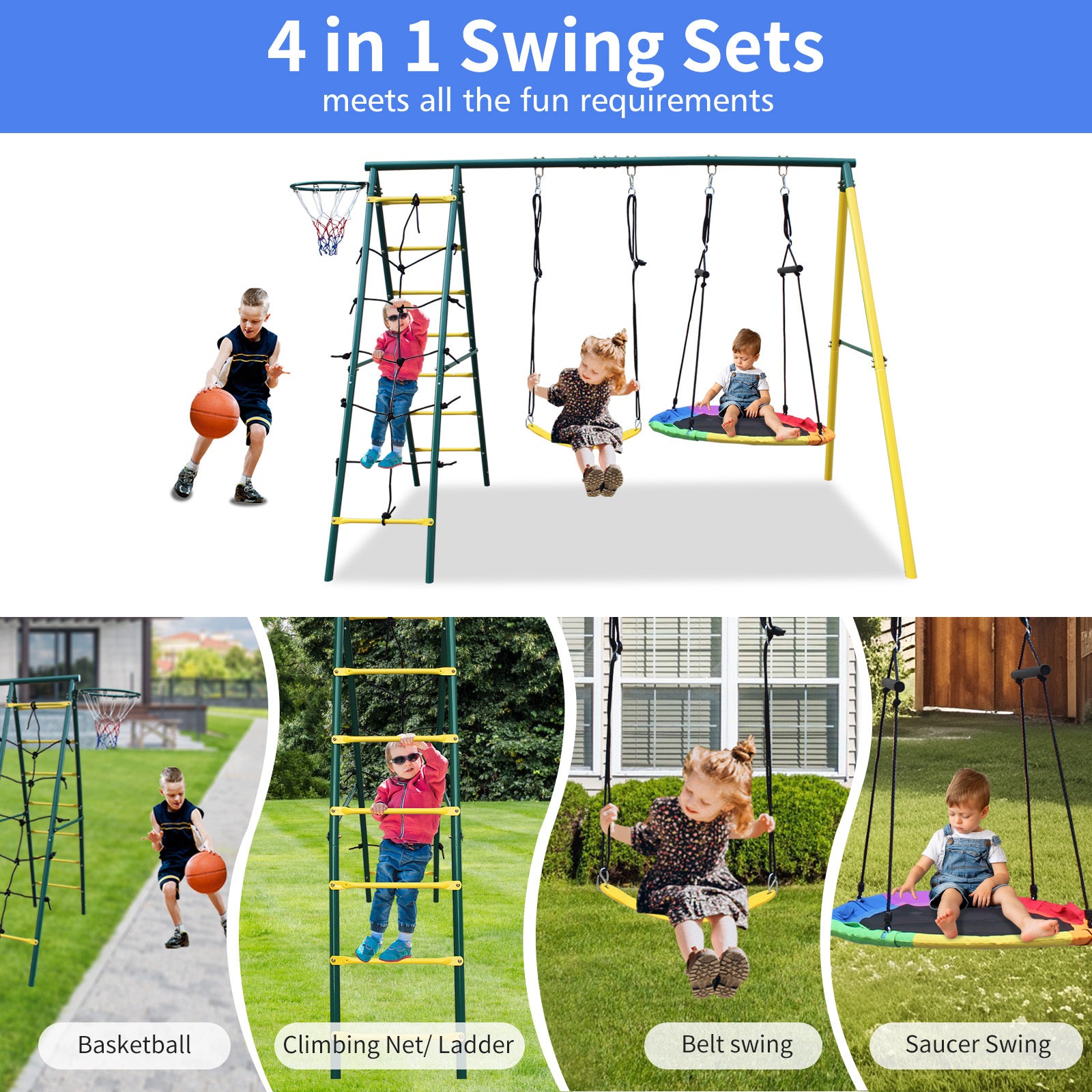 Indoor Outdoor Metal Swing Set With Safety Belt For Backyard Multicolor Steel