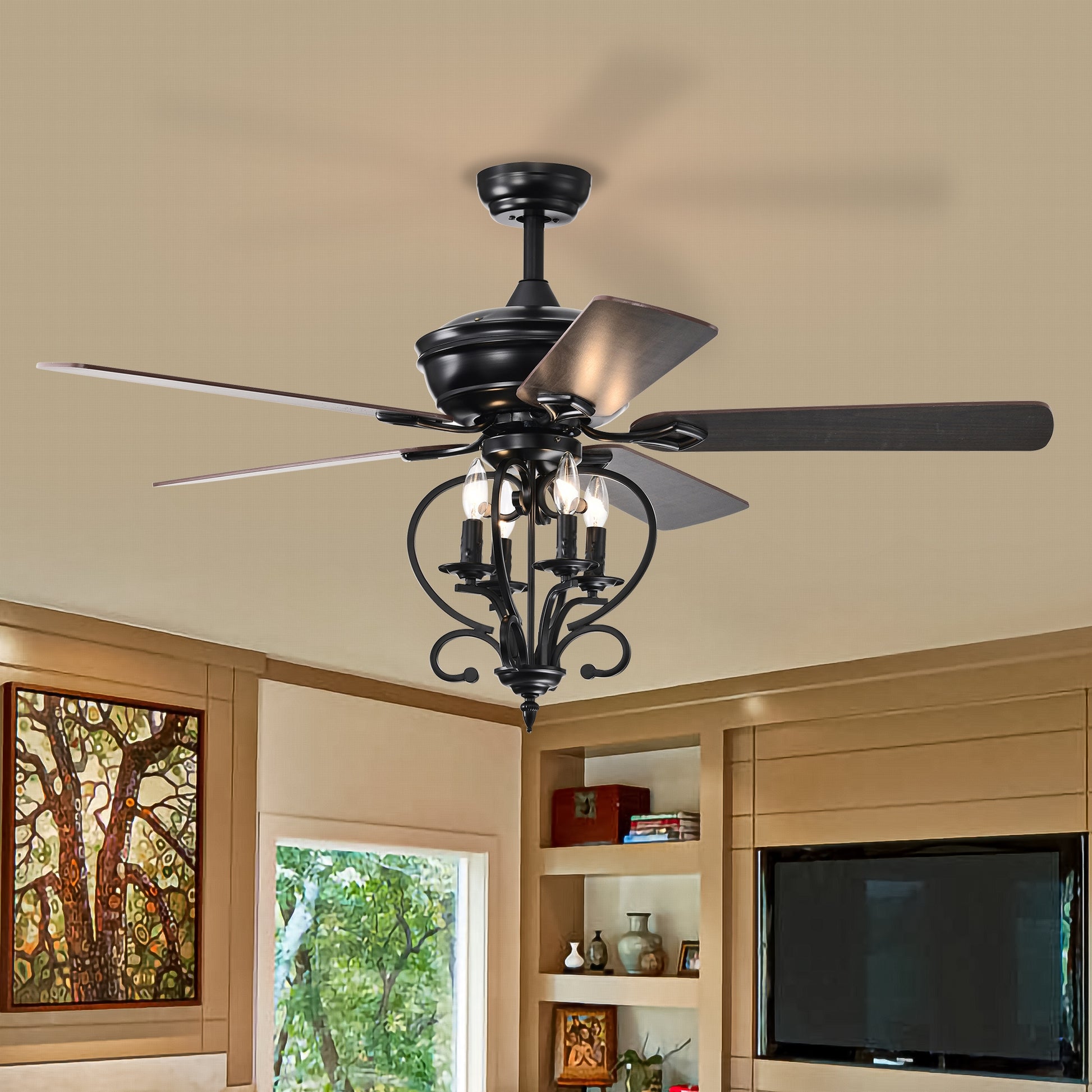 52 Inch 4 Lights Ceiling Fan With 5 Wood Blades, Two Color Fan Blade, Ac Motor, Remote Control, Reversible Airflow, 3 Speed, Adjustable Height, Traditional Ceiling Fan For Home Decorate Matte Black