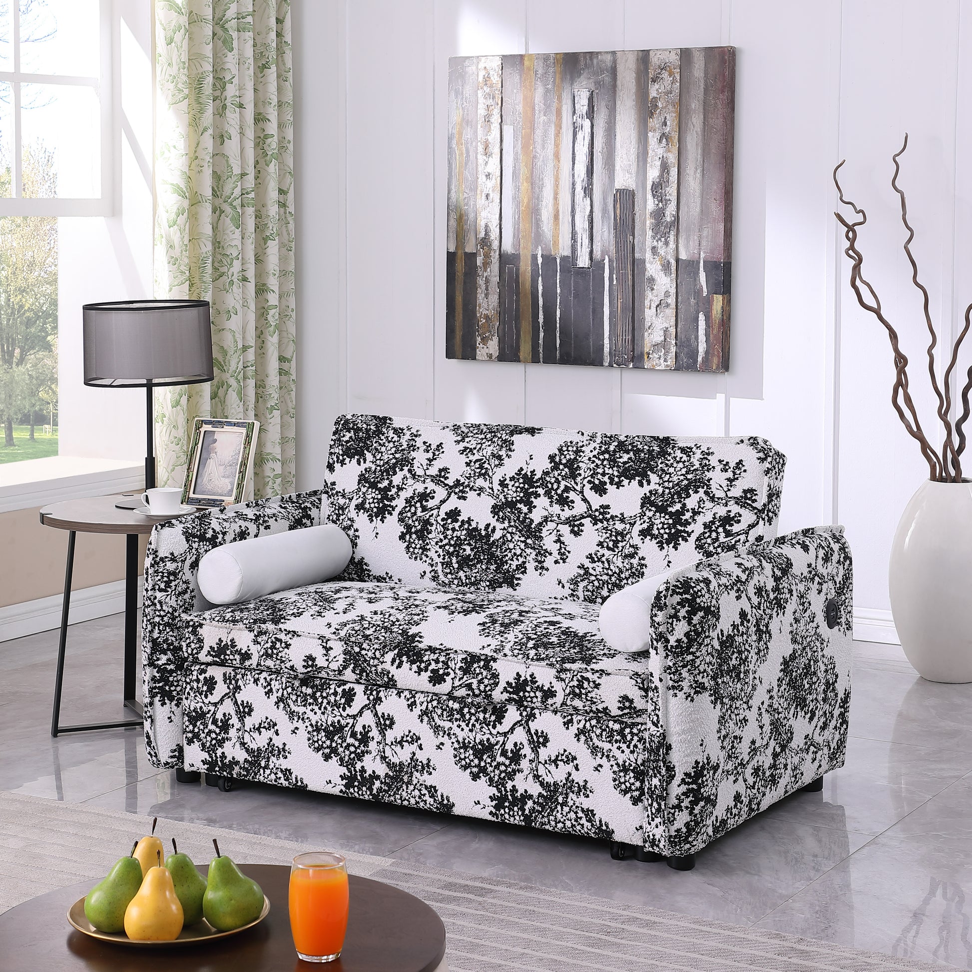 Soft Boucle Convertible Two Bedroom Sofa With Adjustable Back, 2 Seater Sofa, Pull Out Bed, 2 Waist Pillows For Small Living Rooms And Apartments White Black Foam Fabric 2 Seat