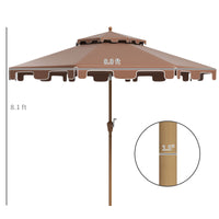 Outsunny 9' Patio Umbrella With Push Button Tilt And Crank, Double Top Ruffled Outdoor Market Table Umbrella With 8 Ribs, For Garden, Deck, Pool, Brown Brown Polyester