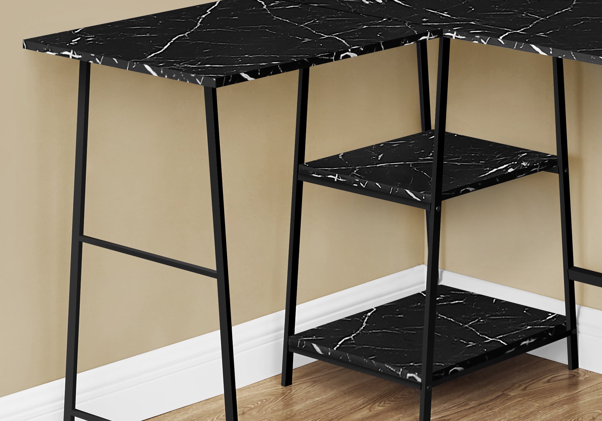 Computer Desk, Home Office, Corner, Storage Shelves, 48"L, L Shape, Work, Laptop, Black Marble Look Laminate, Black Metal, Contemporary, Modern Black Metal