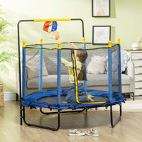 Qaba 4.6' Kids Trampoline With Basketball Hoop, Horizontal Bar, 55" Indoor Trampoline With Net, Small Springfree Trampoline Gifts For Kids Toys, Ages 3 10, Blue Blue Steel