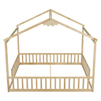 Double Twin House Style Floor Bed With Fence, Guardrails, Without Door, Natural Twin Natural American Design Pine