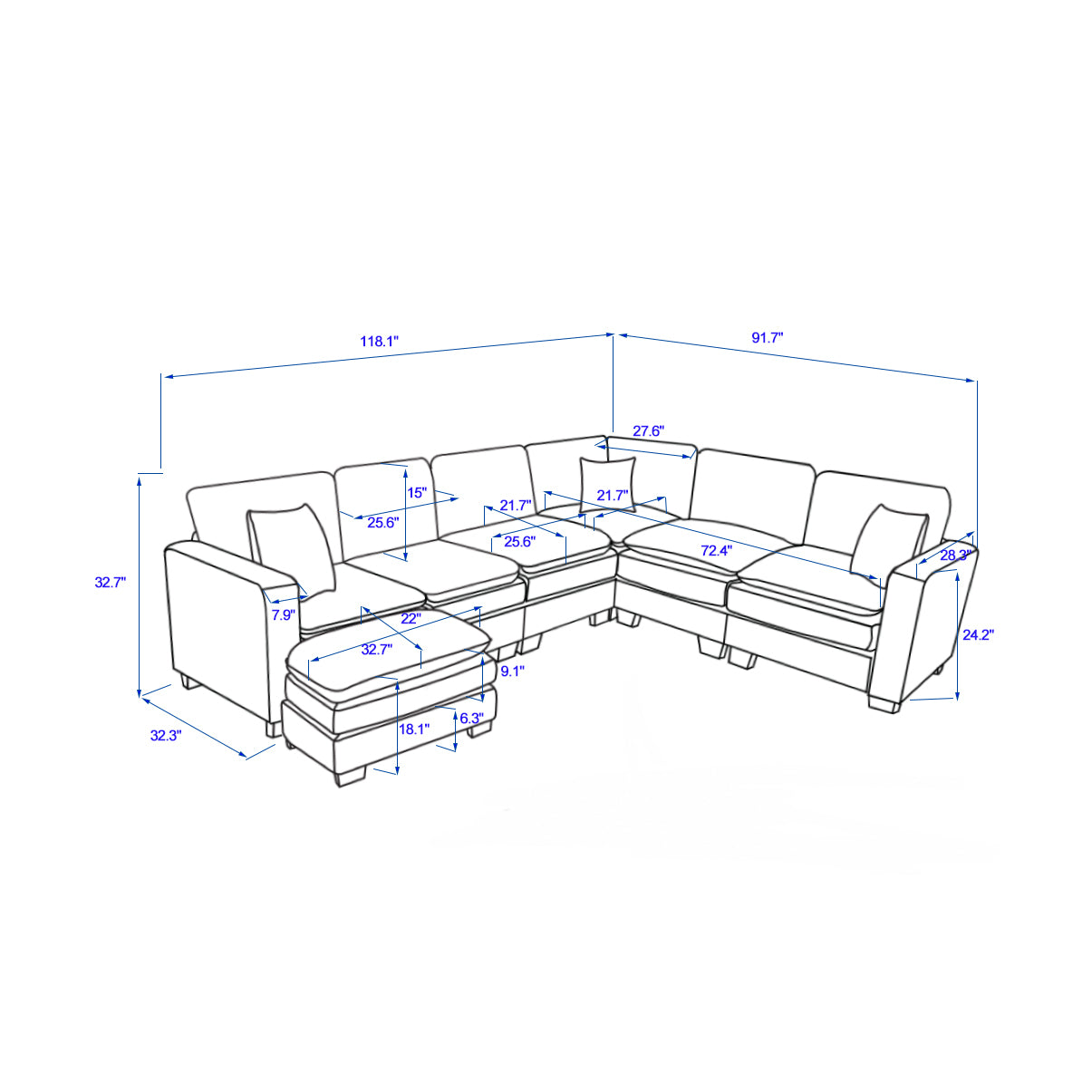 Modern U Shaped 6 Seat Sectional Sofa Couch With One Ottoman And Three Toss Pillows ,Modular Sofa For Living Room,Corduroy Sofa Grey Corduroy 7 Seat