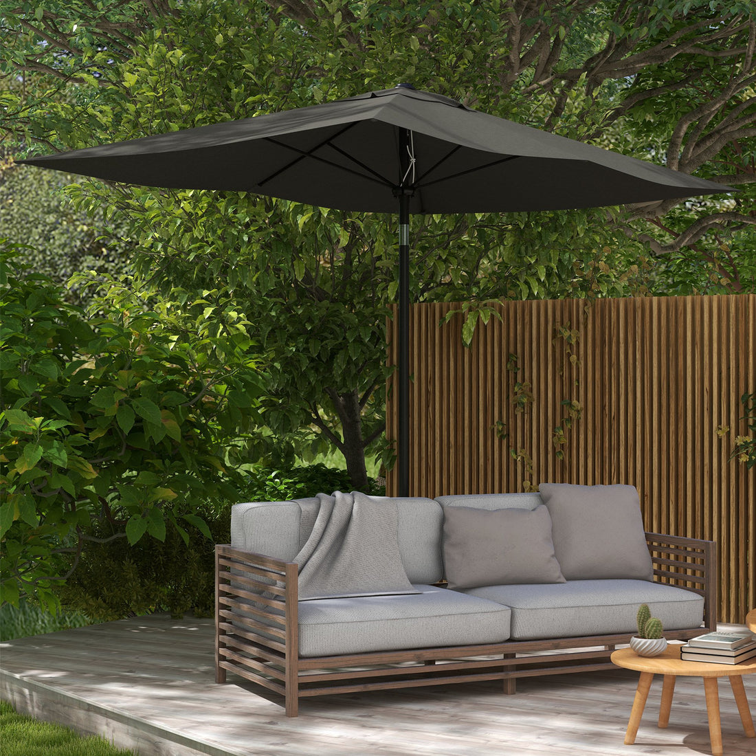 Outsunny 6.5' X 10' Rectangular Market Umbrella, Patio Outdoor Table Umbrella With Crank And Push Button Tilt, Dark Gray Gray Steel