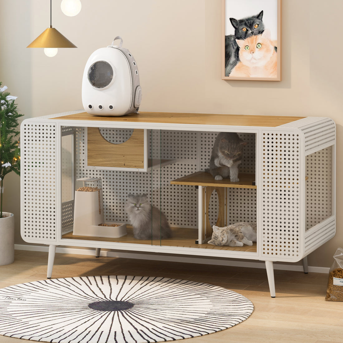 55.12 "Spacious Cat House With Tempered Glass, For Living Room, Hallway, Study And Other Spaces White White Glass Metal