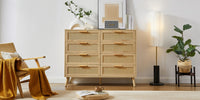 Bedroom Dresser, 8 Double Dresser With Rattan Drawers, Wood Chest Of Drawers For Kids Room, Living Room, Entry And Hallway, Natural, 47.2''W X 15.8''D X 37.4''H. Natural Particle Board