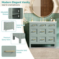 36" Bathroom Vanity Cabinet With Resin Integrated Sink 4 Drawers, 2 Doors Green Bathroom Solid Wood Mdf Resin