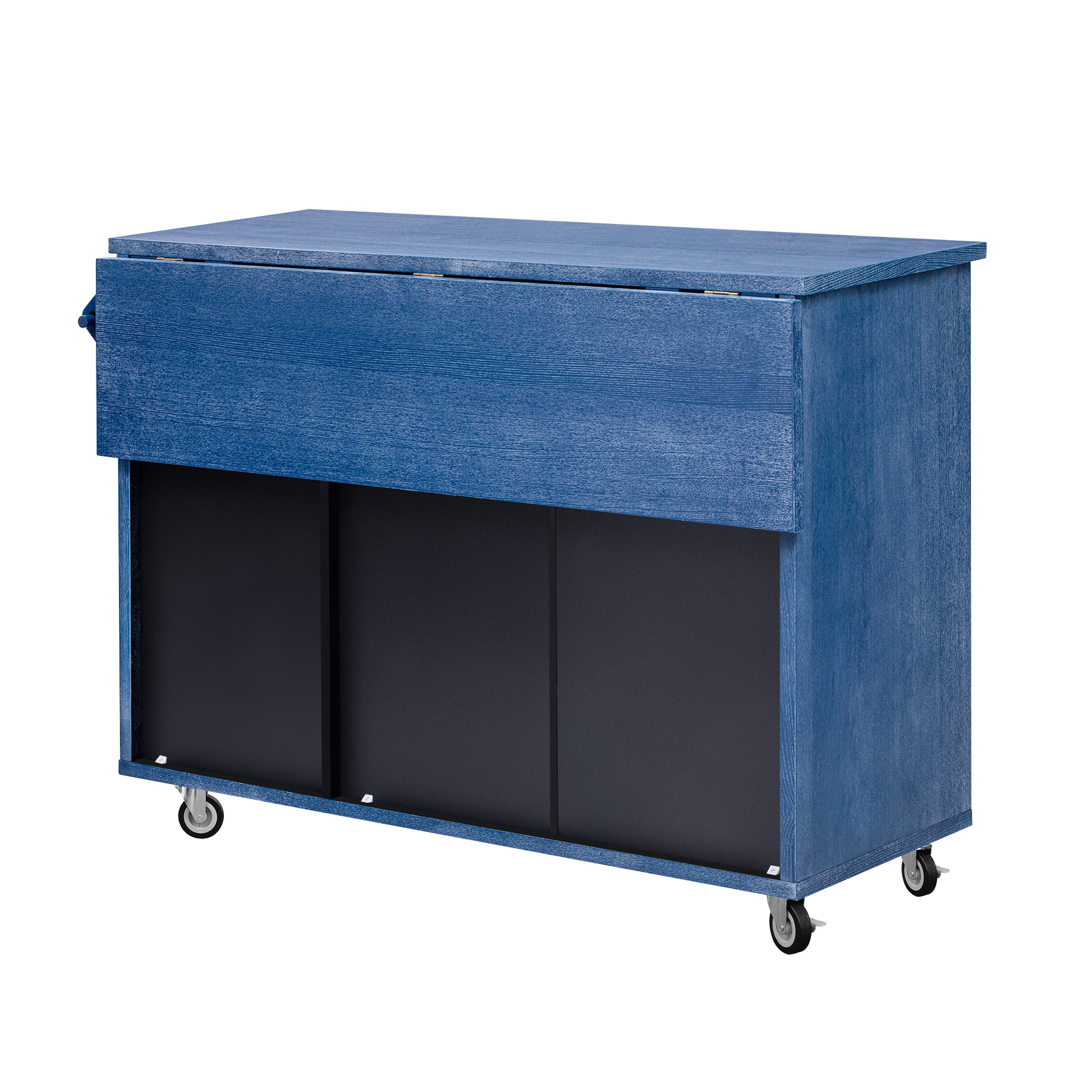 K&K 51.2"W 3D Wave Stripes Ash Veneer Not Cheap Paper Kitchen Island With Drop Leaf, Farmhouse Kitchen Island On Wheels With Internal Storage Rack, Rolling Kitchen Cart Navy Blue Navy Blue Nature