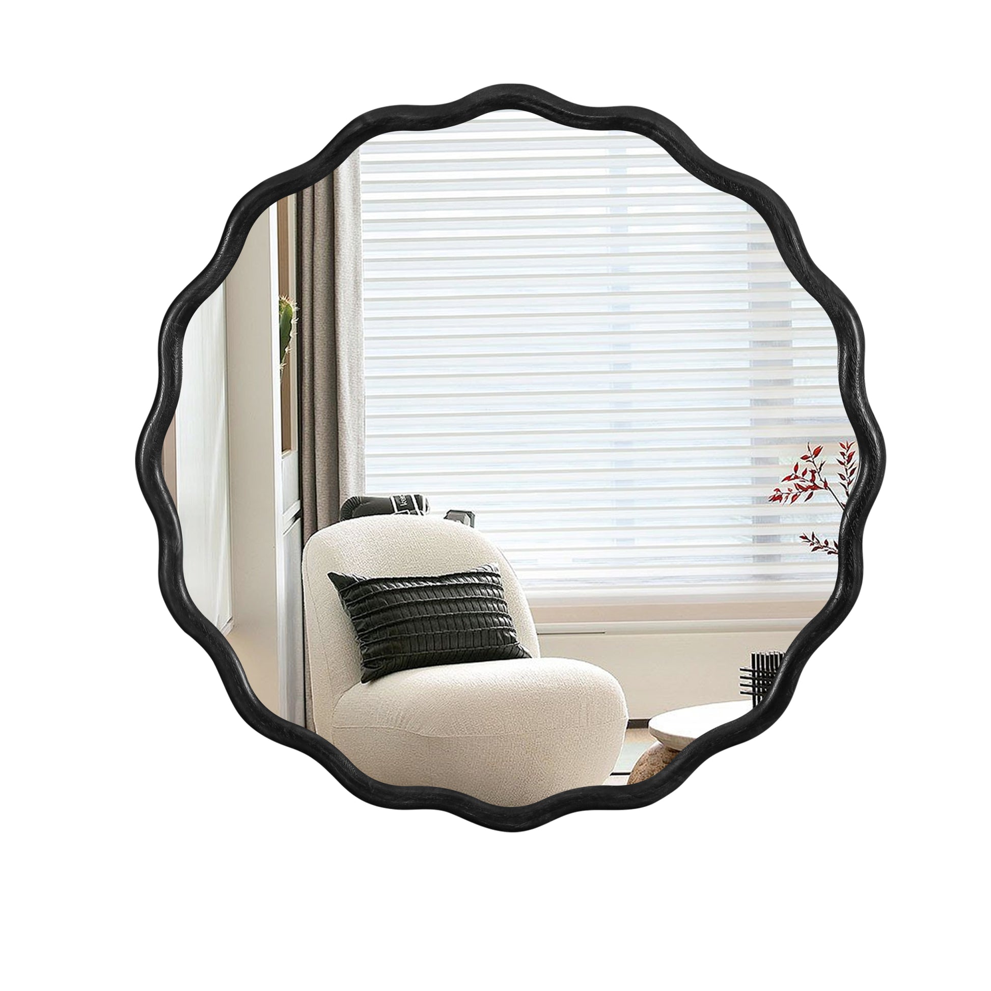 Solid Wood Wavy Mirror Black Vanity Mirror Wall Decor 36" X 36" Modern Mirror Wall Decor For Bathroom, Bedroom, Living Room, Dining Room, Cloakroom, Entryway Oval Or Circle Framed Black Living Room Large 33In 40In Glass Solid Wood