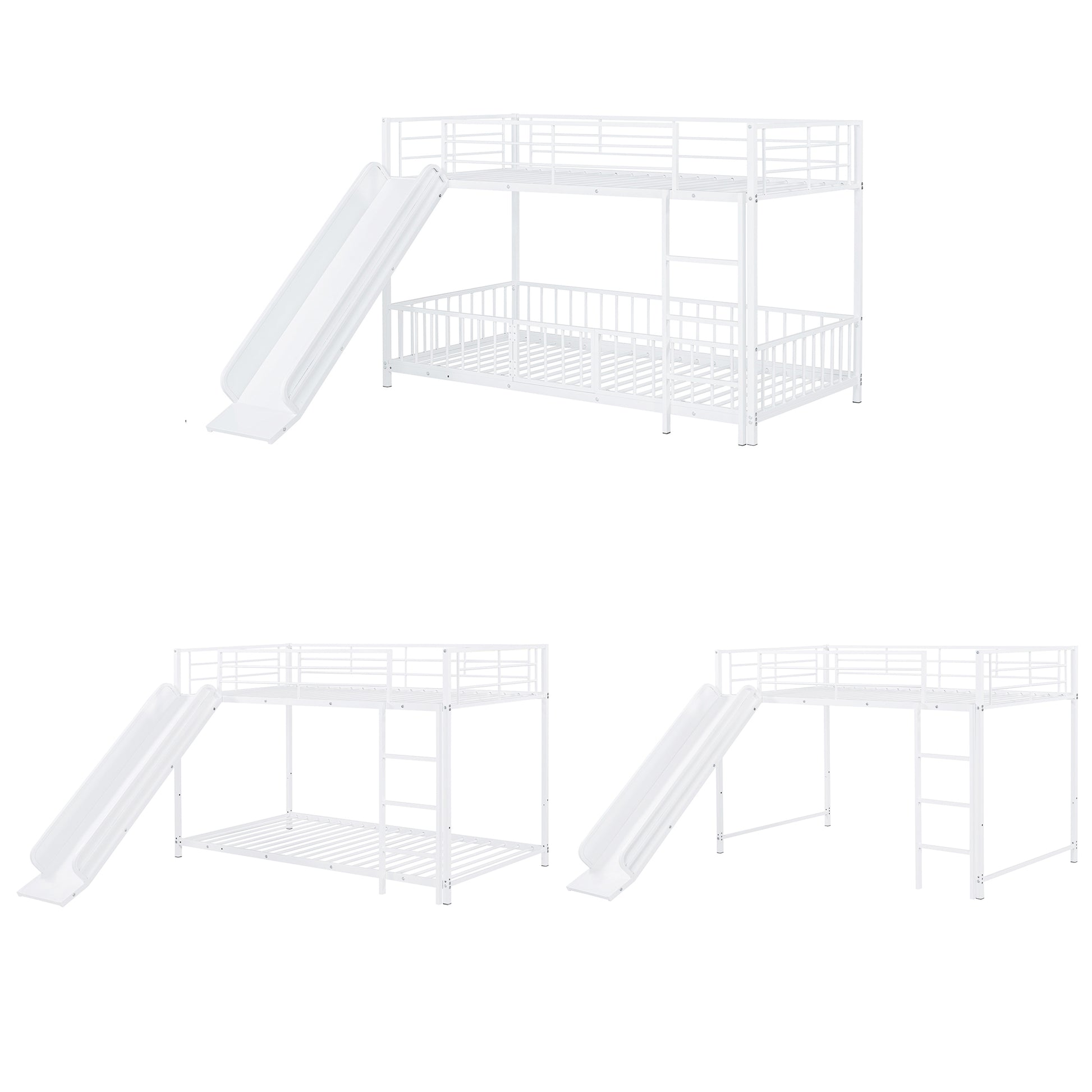 Twin Over Twin Size Metal Bunk Bed With Slide And Guardrails, White Twin White Metal