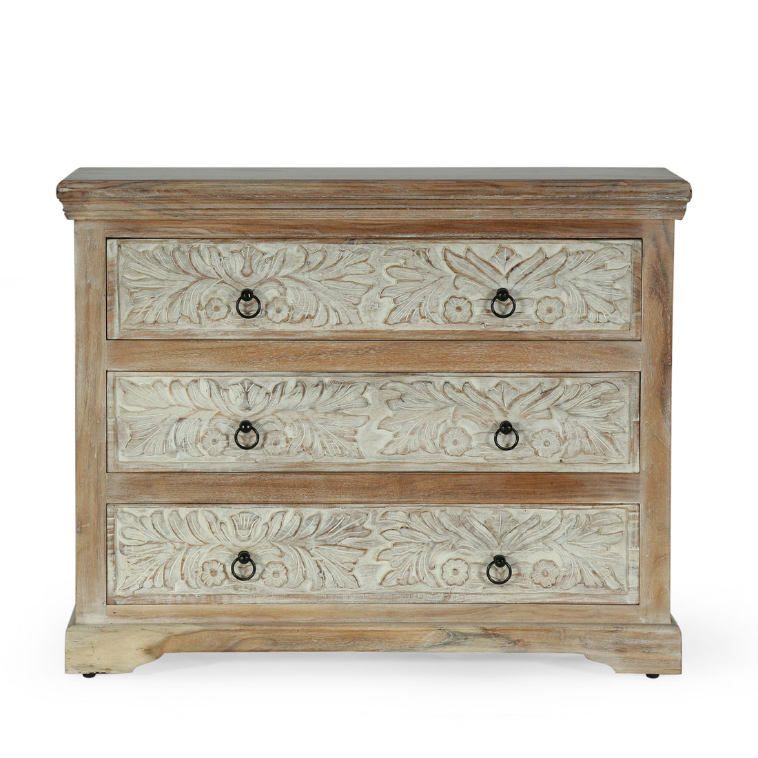 Acacia Wood 3 Drawer Dresser, 40 Inches Wide Accent Storage Cabinet White Natural Wood