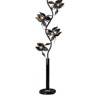 73" Tall Floor Lamp, 4 Black And Gold Flower Shaped Lights With Crystal Accents Black Metal