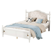 Queen Pine Wooden Bed With Upholstered Headboard And Panel Footboard, With Two Bed Rail Support Feet And Central Platform Support Feet ,White Queen White Pine