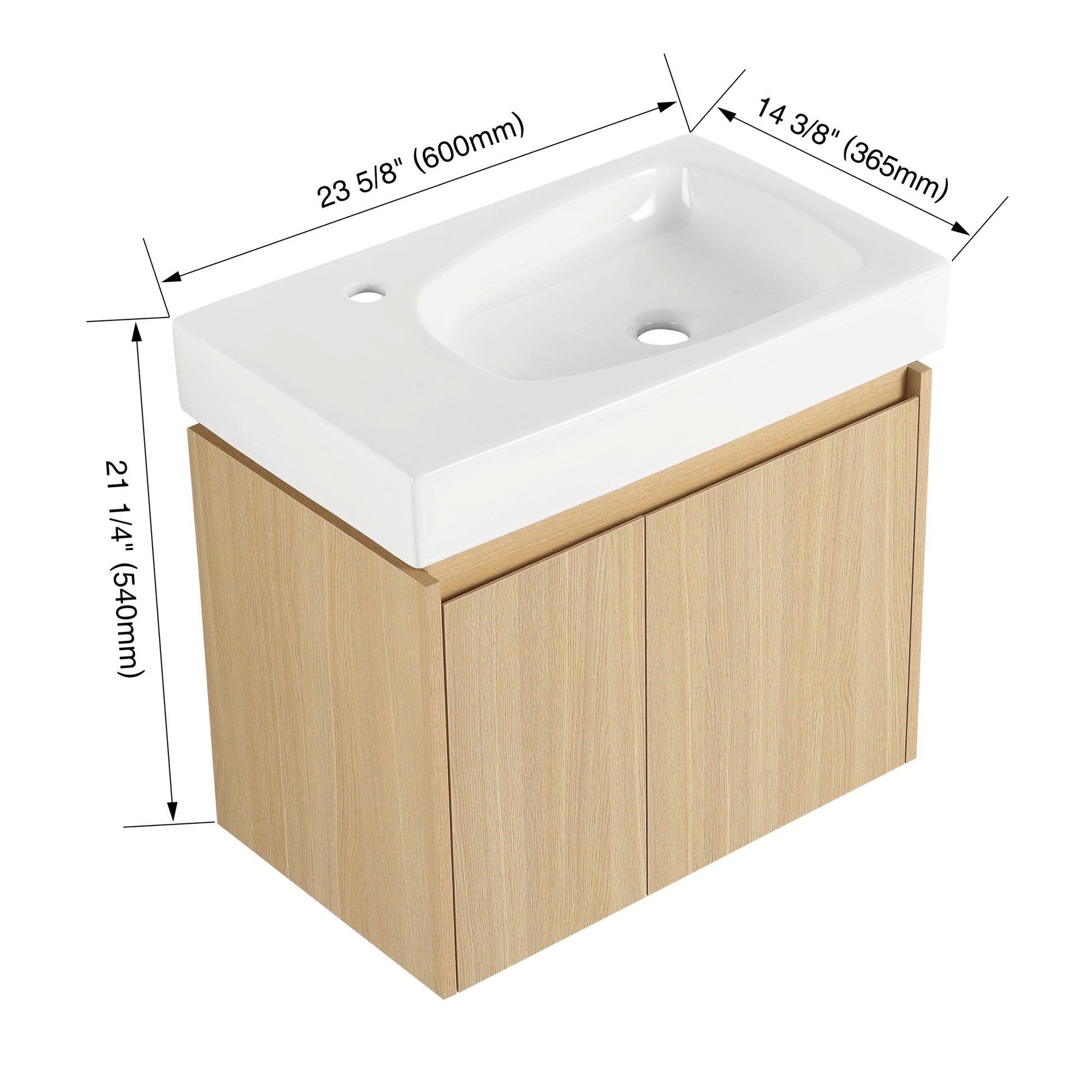 24 Inch Bathroom Vanity With Basin, Wall Mounted Floating Vanity Sink Combo, Wooden Storage Cabinet With Double Doors For Bathroom,Oak Oak Bathroom American Design Engineered Wood