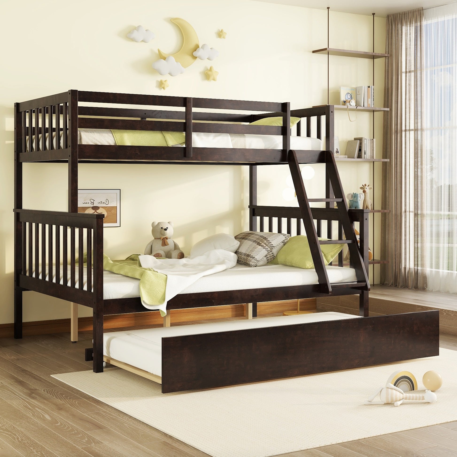 Twin Over Full Rubber Wood Bunk Bed With Trundle, Convertible Ladder And Guardrail, Detachable, Convertible Bed, With Twin Size Trundle ,Espresso Twin Espresso Rubber Wood