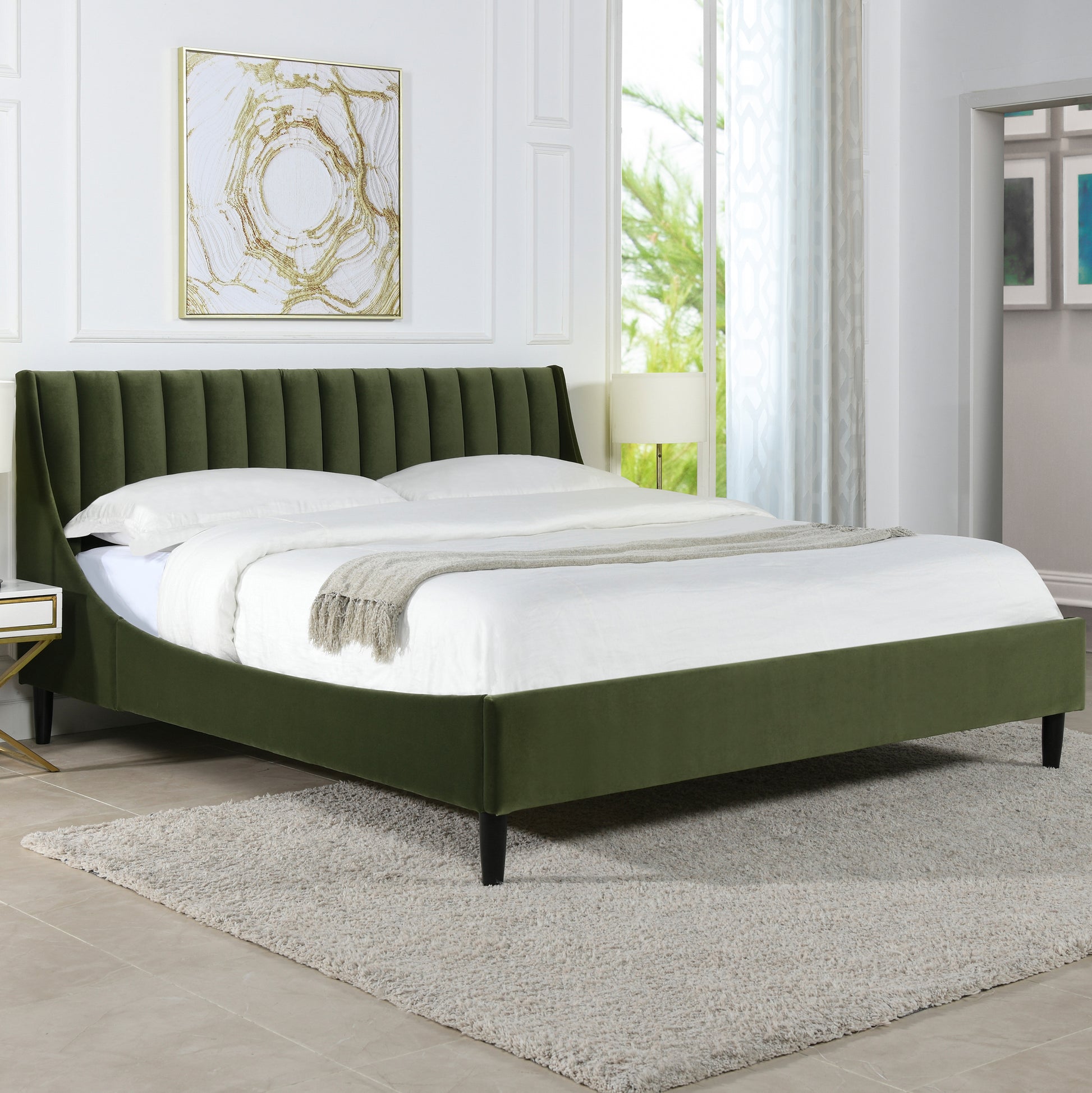 Aspen Vertical Tufted Headboard Platform Bed Set, King, Olive Green Performance Velvet Box Spring Not Required King Olive Green Wood Foam Velvet Velvet