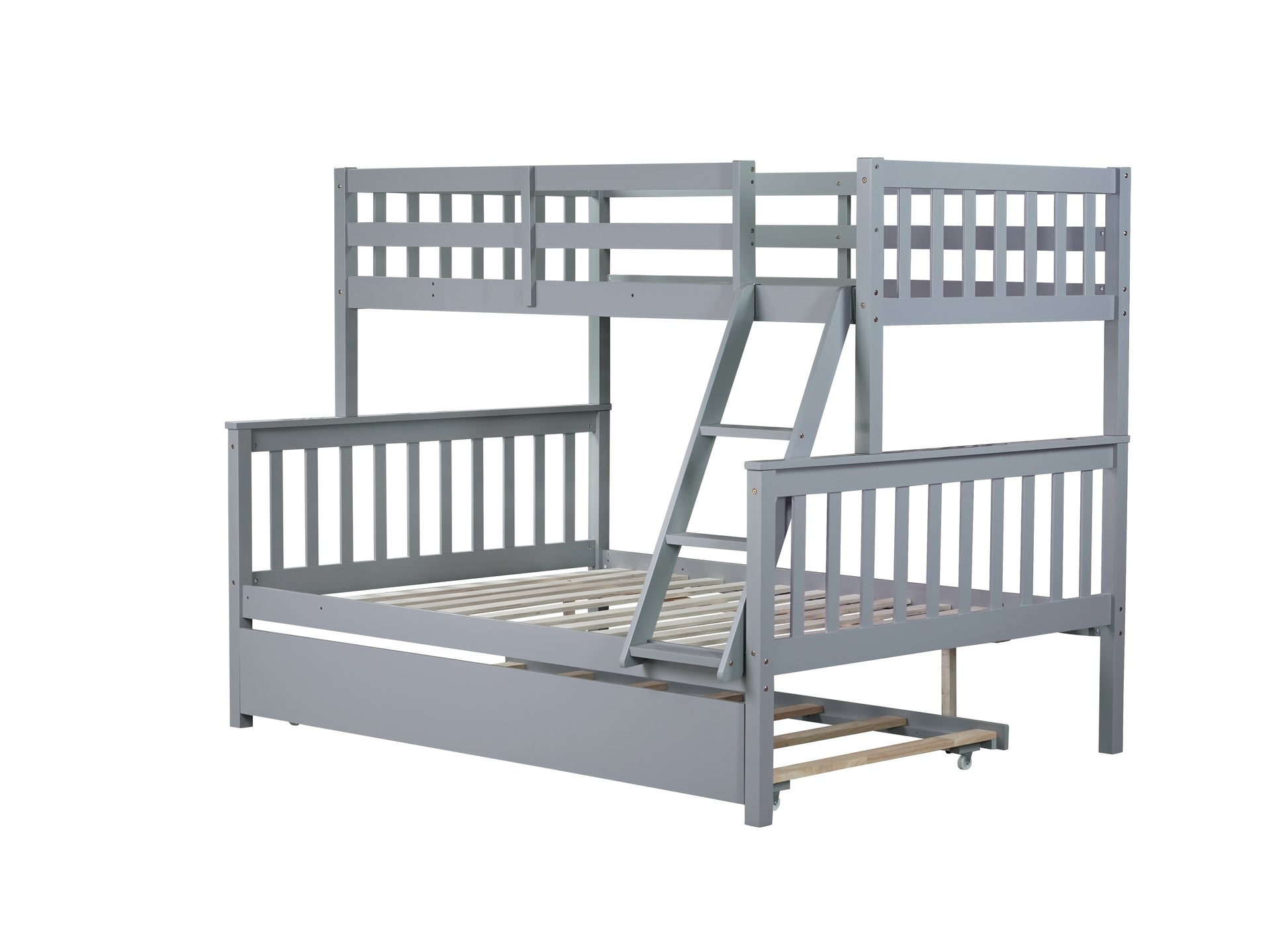 Twin Over Full Rubber Wood Bunk Bed With Trundle, Convertible Ladder And Guardrail, Detachable, Convertible Bed, With Twin Size Trundle ,Grey Twin Grey Rubber Wood