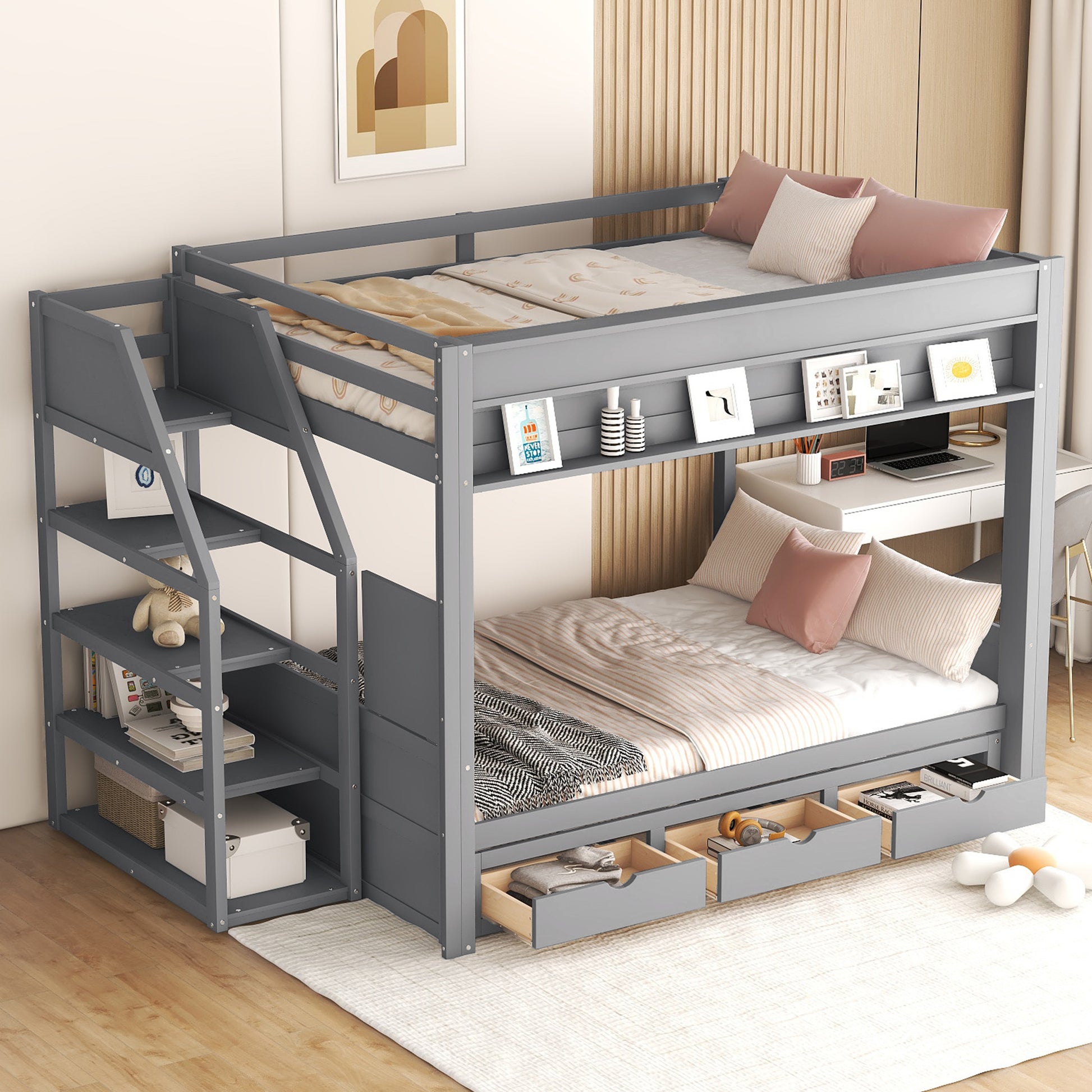 Wood Full Size Convertible Bunk Bed With Storage Staircase, Bedside Table, And 3 Drawers, Gray Gray Solid Wood Mdf