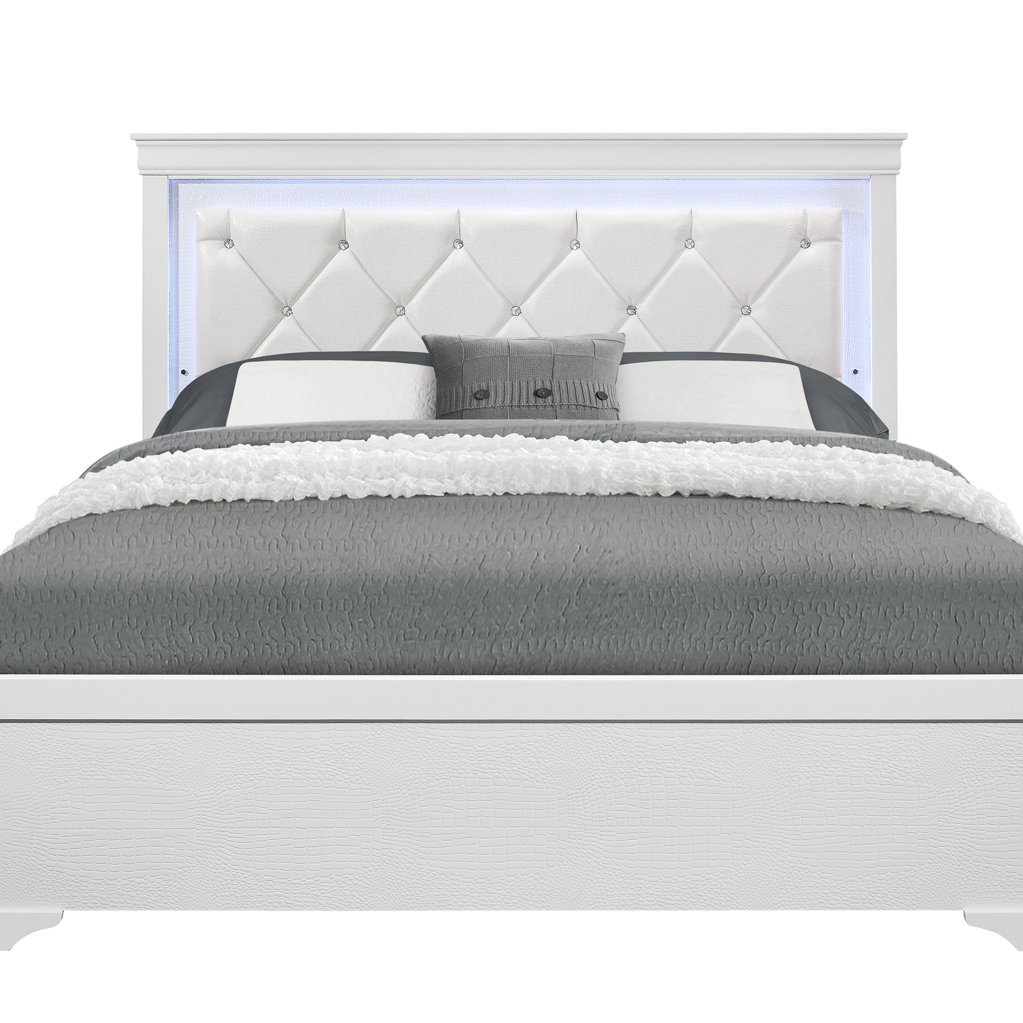 Shaker Crocodile Metallic White Full Bed With Led White Solid Wood Mdf