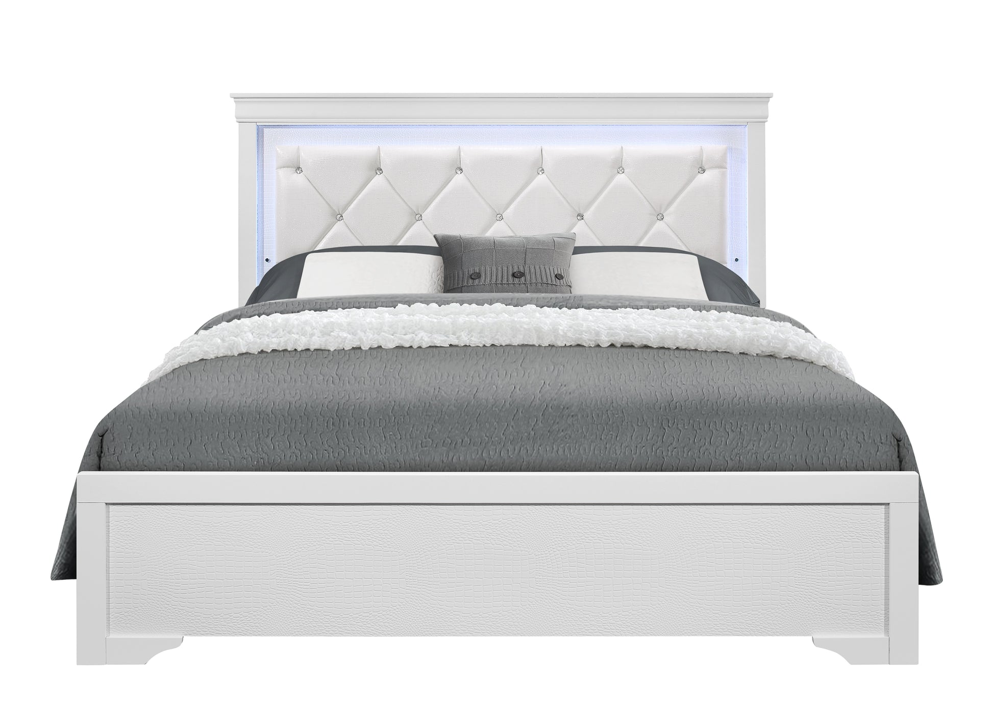 Shaker Crocodile Metallic White Full Bed With Led White Solid Wood Mdf