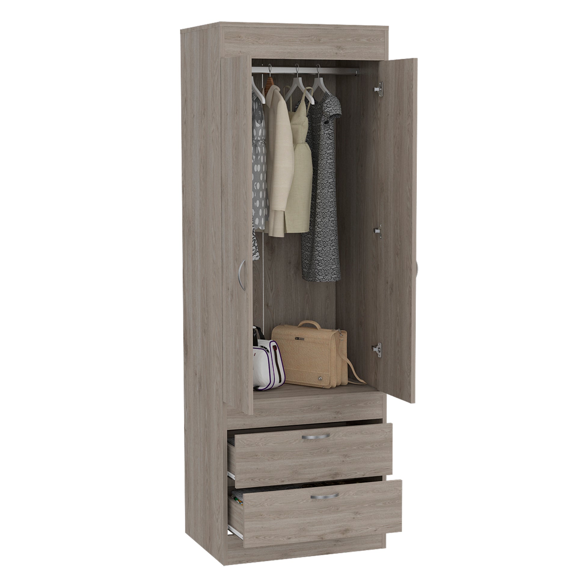 Lisboa Armoire, Rod, Double Door, Two Drawers, Metal Handles Light Gray Light Gray Particle Board