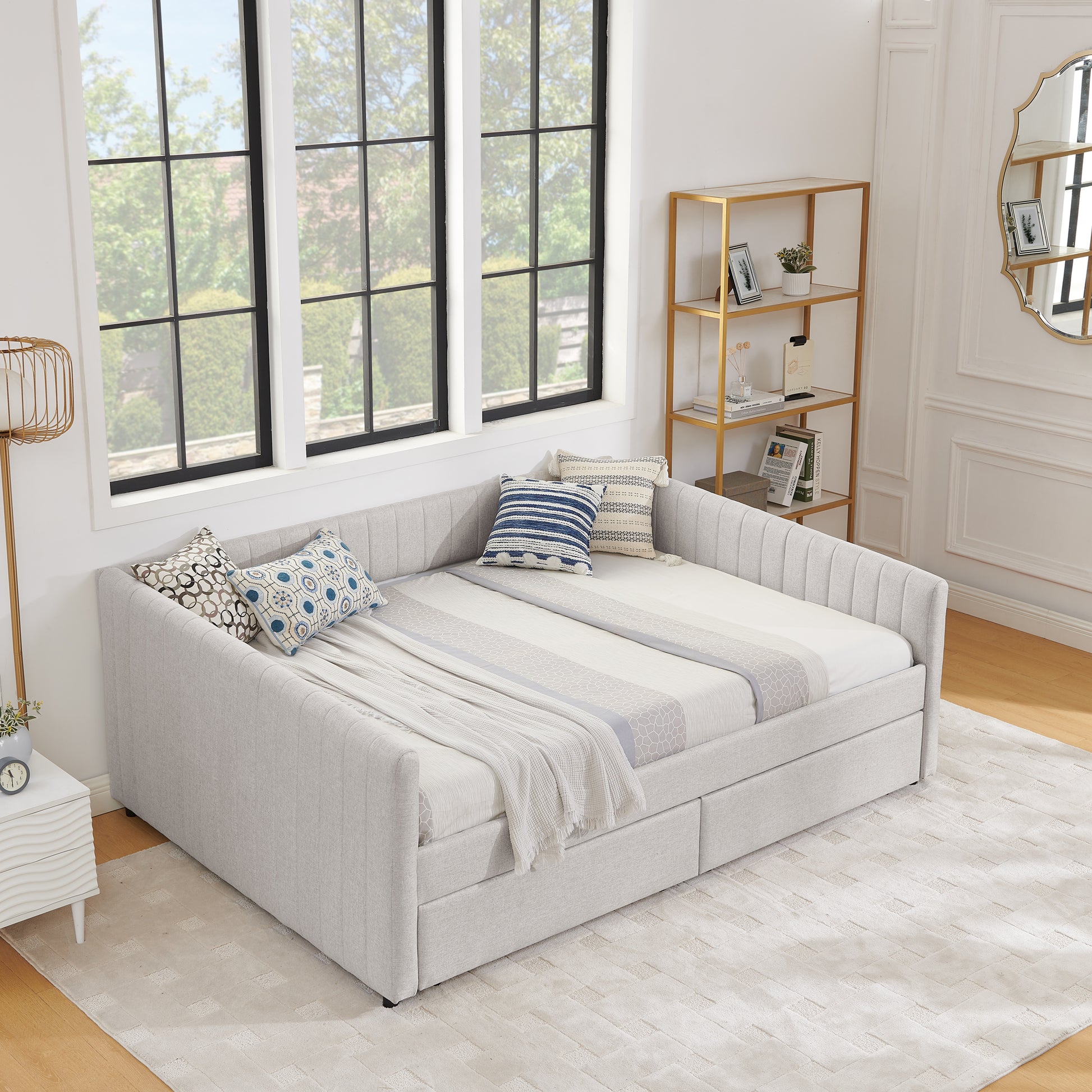 Queen Size Daybed With Two Drawers Trundle Upholstered Sofa Bed, With Vertical Stripes, Linen Fabric, Beige 86.5"X65"X30" Beige Linen