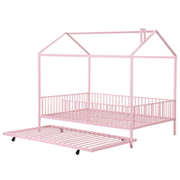 Full Size Metal House Bed With Fence, With Trundle, Pink Full Pink Metal