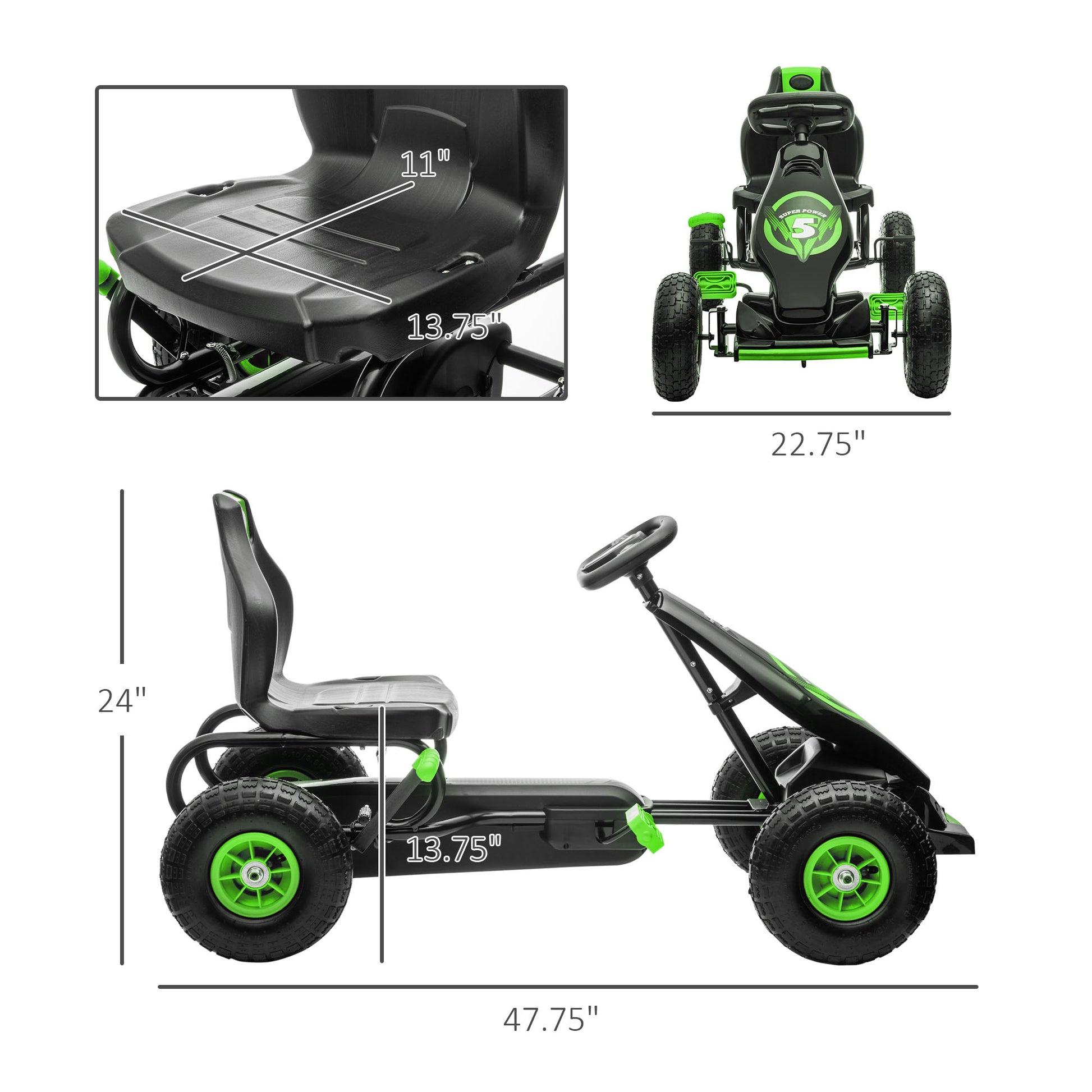 Aosom Kids Pedal Go Kart Ride On Toy With Ergonomic Comfort, Pedal Car With Tough, Wear Resistant Tread, Go Cart Kids Car For Boys & Girls With Suspension System, Safety Hand Brake, Ages 5 12, Green Green Plastic