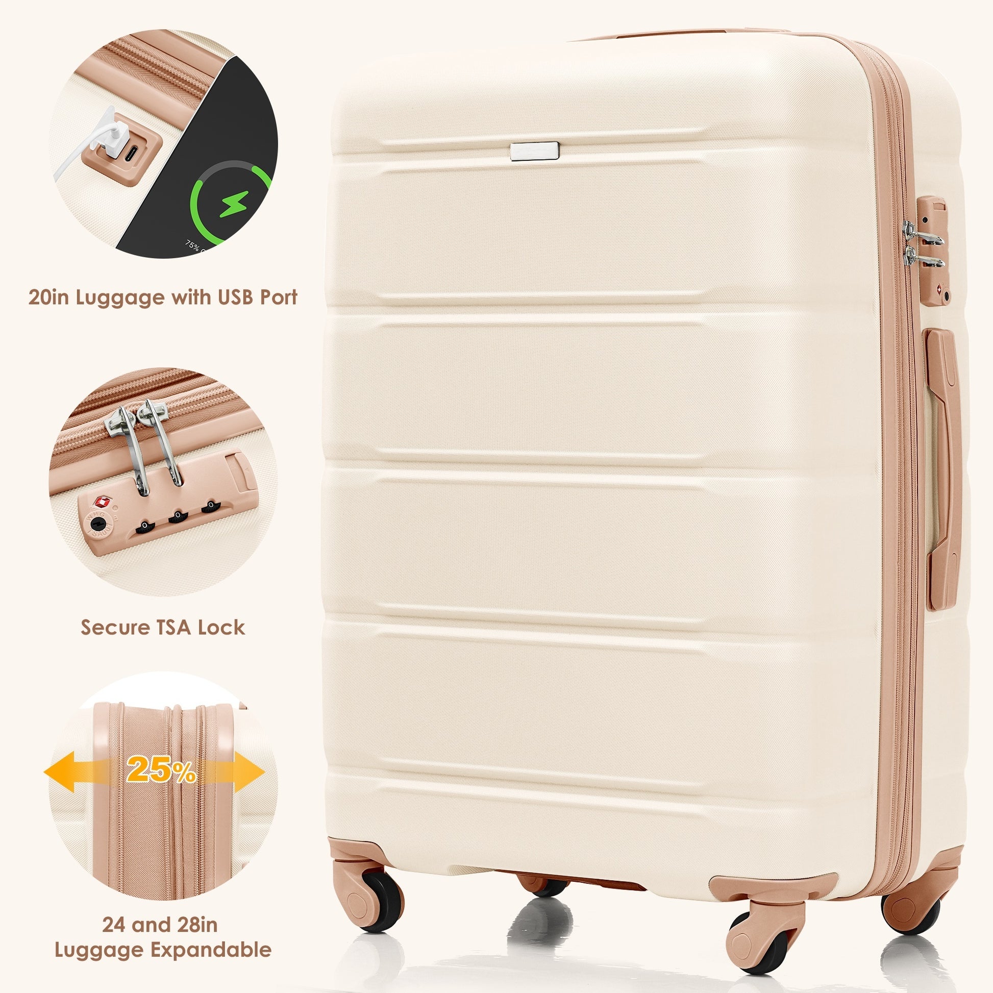 Luggage Set Of 3, 20 Inch With Usb Port, Airline Certified Carry On Luggage With Cup Holder, Abs Hard Shell Luggage With Spinner Wheels, Beige And Golden Beige Gold Abs