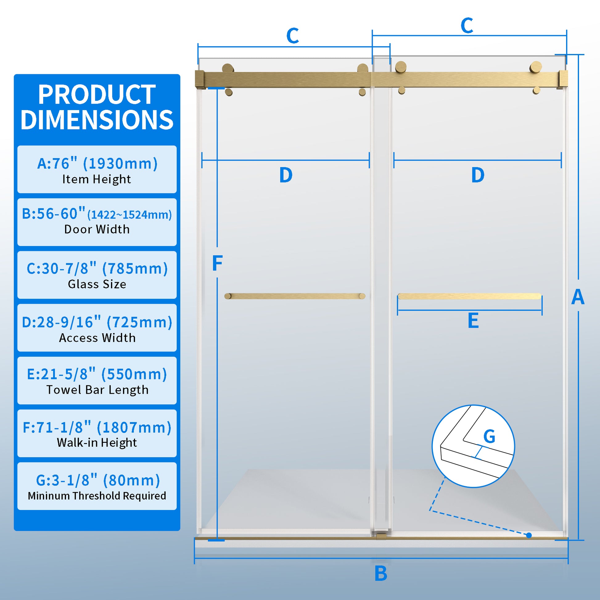 56 60 Inches Width 76 Inches Height Double Sliding Frameless Shower Door With 3 8 Inches 10Mm Clear Tempered Glass, Brushed Gold Finish Brushed Gold Bathroom Luxury,Modern Glass Aluminium,Stainless