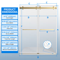 56 60 Inches Width 76 Inches Height Double Sliding Frameless Shower Door With 3 8 Inches 10Mm Clear Tempered Glass, Brushed Gold Finish Brushed Gold Bathroom Luxury,Modern Glass Aluminium,Stainless