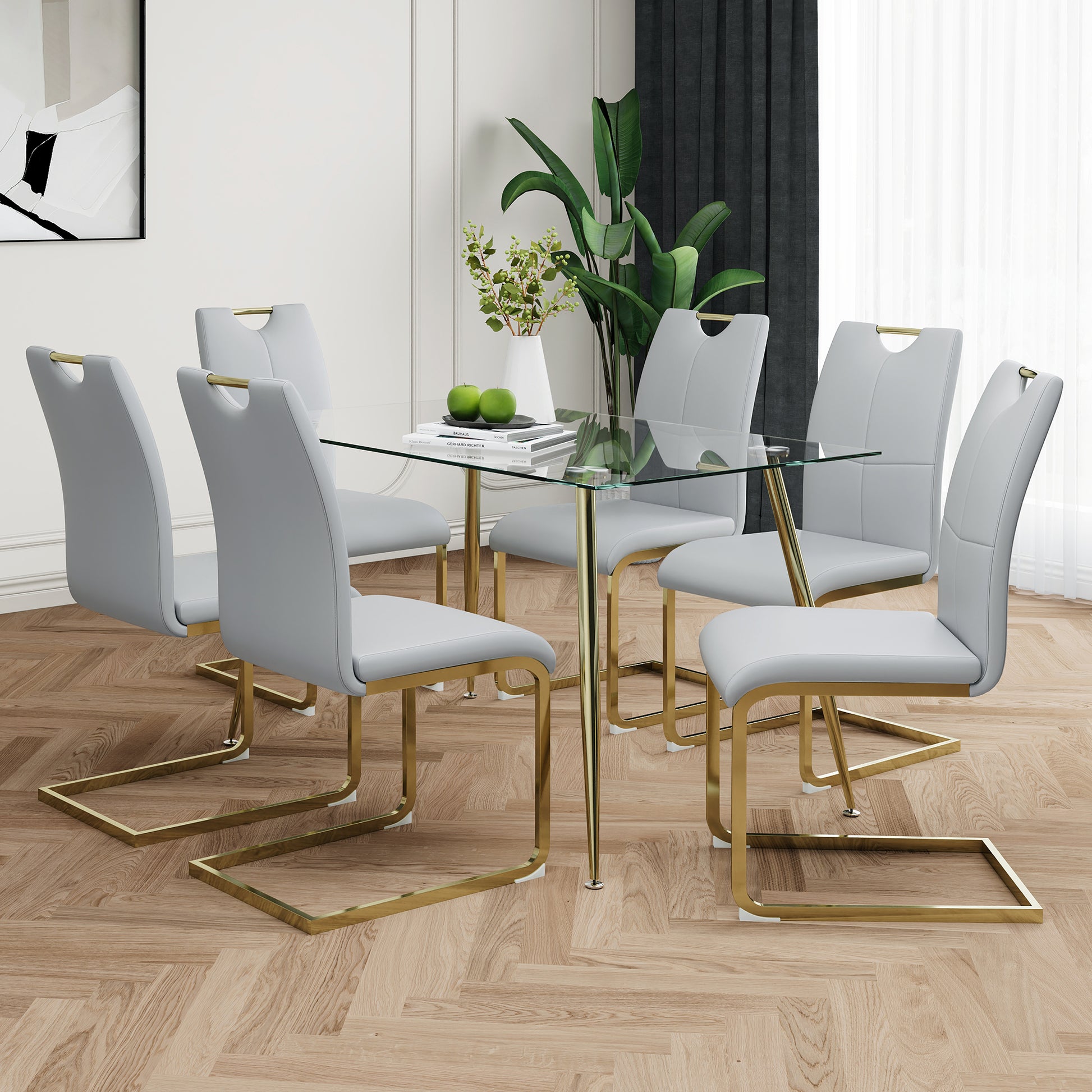 Modern Simple Rectangular Glass Dining Table, Wear Resistant Tempered Glass Countertop, Gold Plated Legs, Grey Pu Dining Chair Set, Suitable For Restaurant Kitchen Use Set Of 7 Upholstered Chair