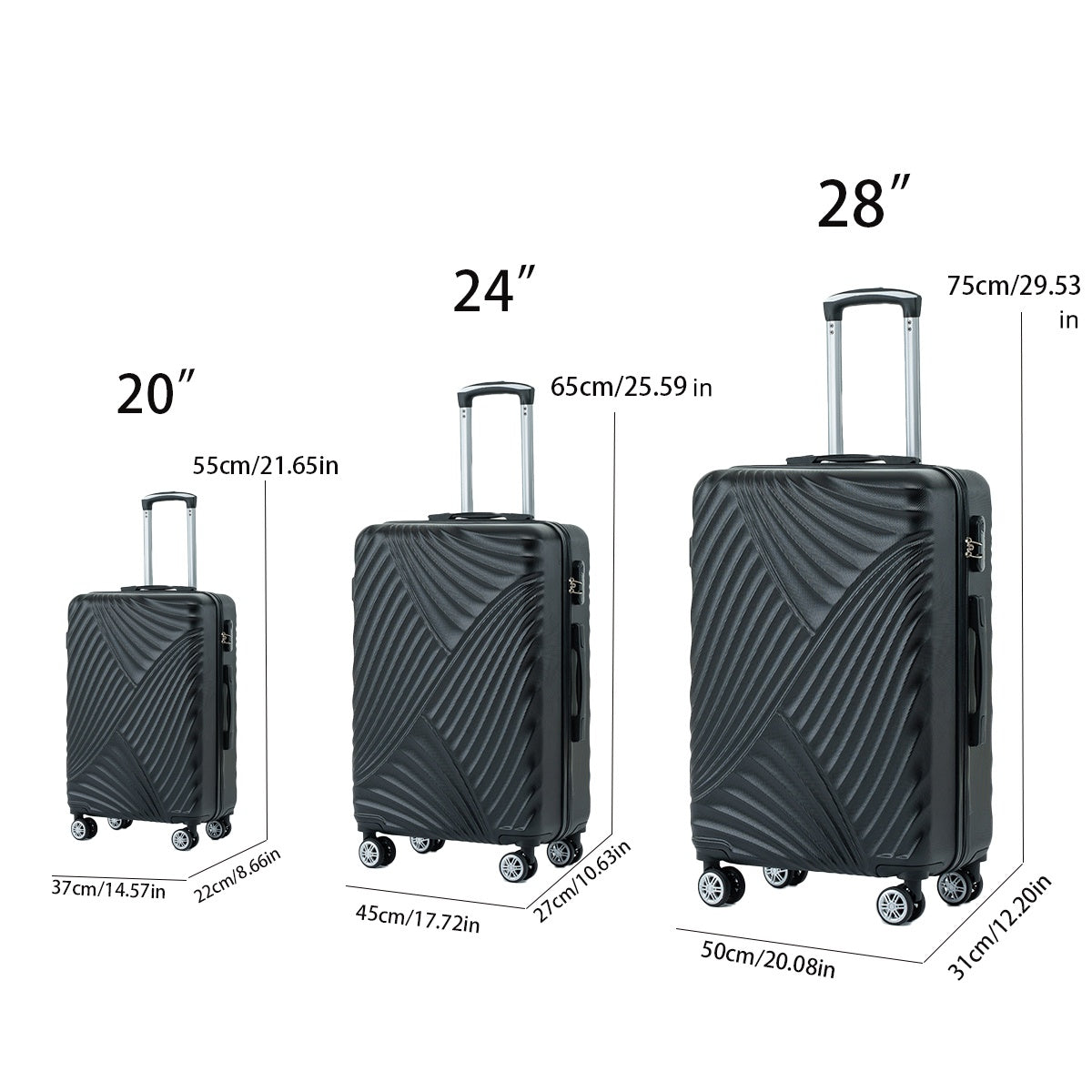 3 Piece Abs Hard Luggage Set With Universal Wheels And Luggage Password Lock, 20 24 28 Inches Black Abs