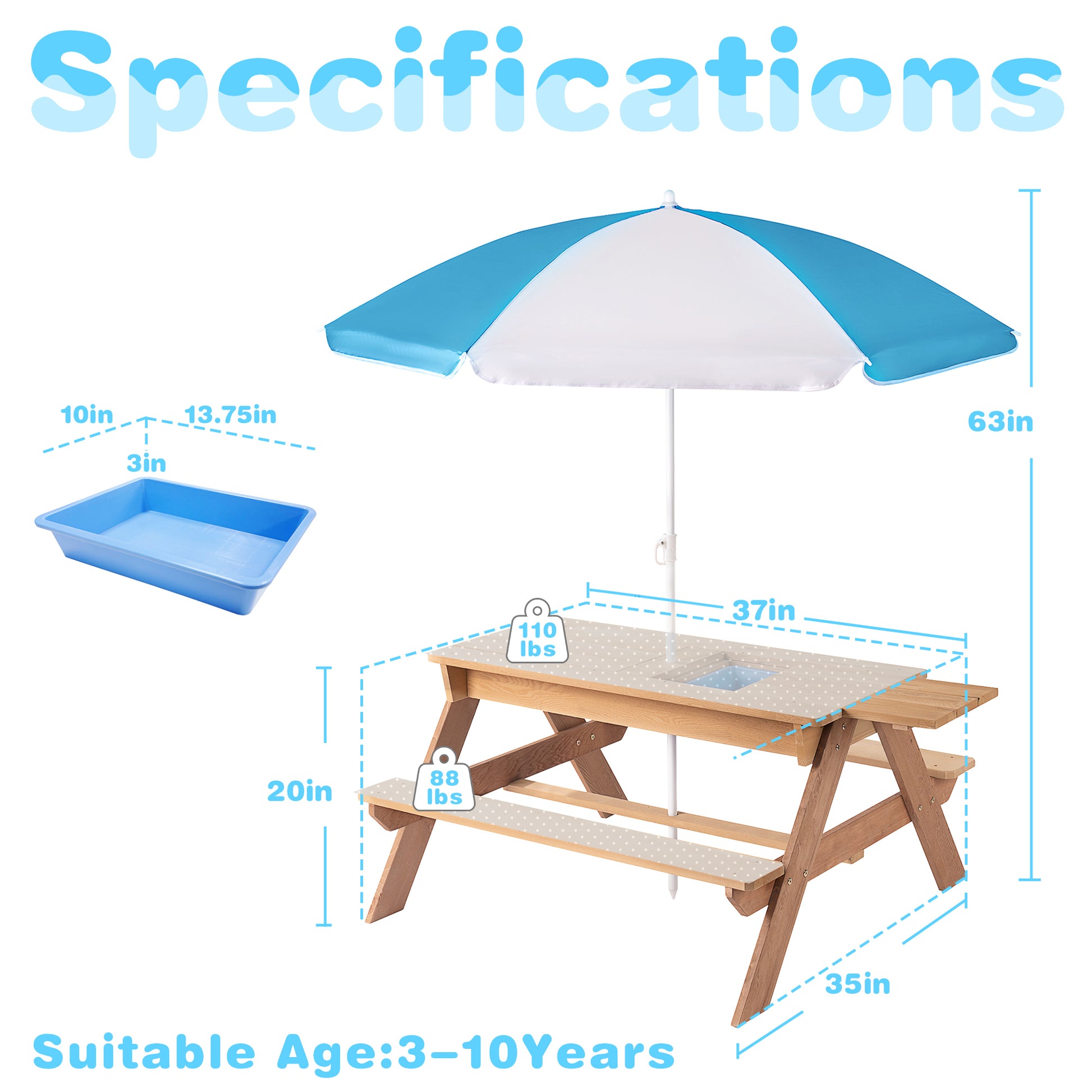 3 In 1 Kids Outdoor Wooden Picnic Table With Umbrella, Convertible Sand & Wate, Gray Astm & Cpsia Certification No Natural Wood Solid Wood