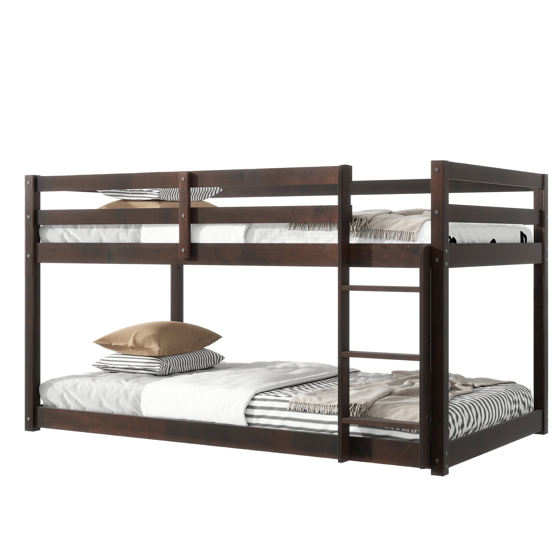 Solid Woodensolid Rubber Wooden Twin Over Twin Loft Bed With Ladder ,Upper And Bottom Bed Platforms Crafted With Strengthened Slats,Espresso Twin Espresso Rubber Wood