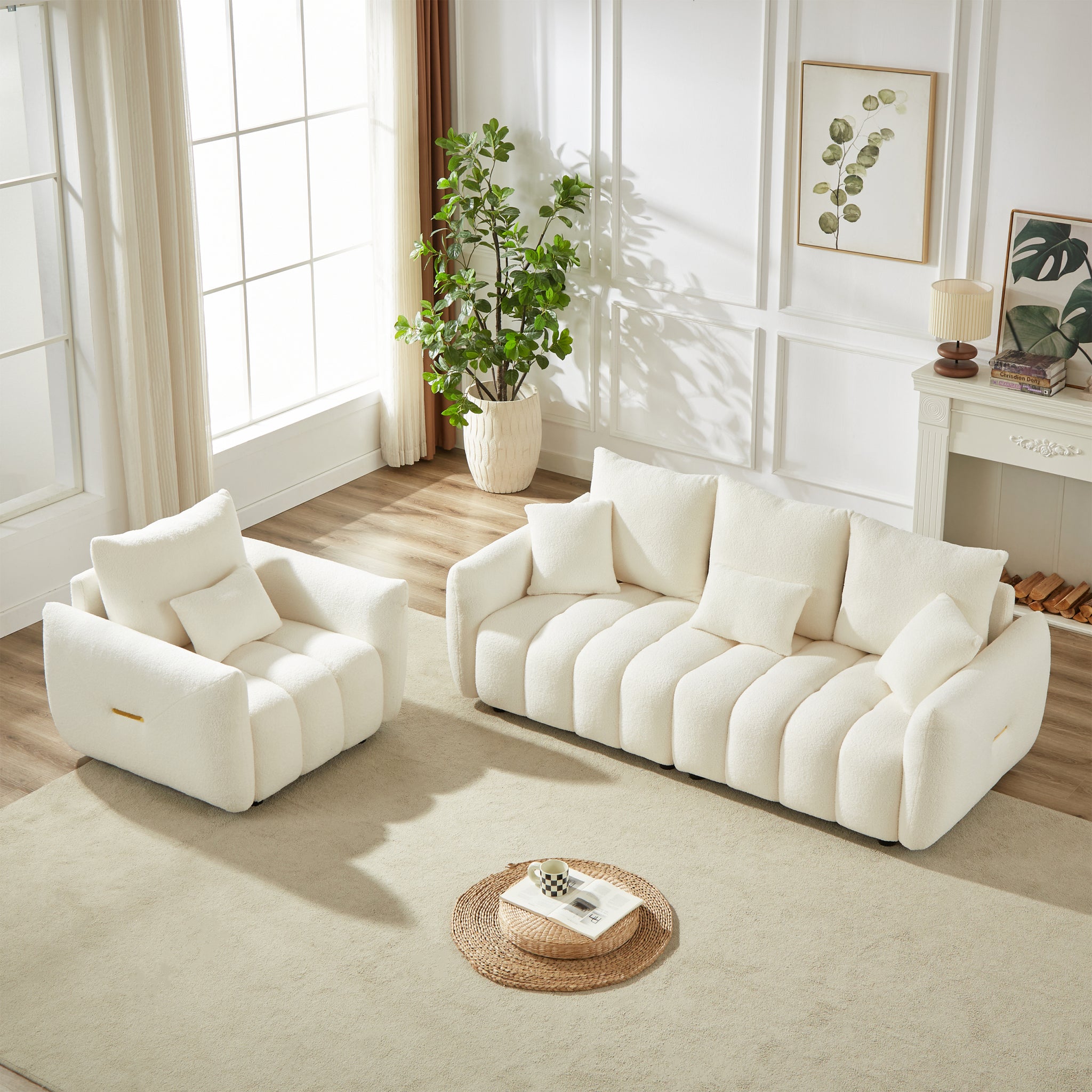 3 Seater 1 Seater Combo Sofa Modern Living Room Sofa, Teddy Sofa, Wooden Frame, 4 Cushions, Apartment Sofa Furniture Beige Wood Primary Living Space Pine Foam Fabric 4 Seat