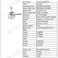 52'' Crystal Ceiling Fan Lamp With Remote Control 3 Speed High, Mid, Low , 5 Reversible Blades For Living Room, Dining Room, Bedroom, Family Room, Chrome ,3Pcs*E26 No Include Bulb Chrome American Traditional,Antique,Classic,Contemporary Plywood Metal