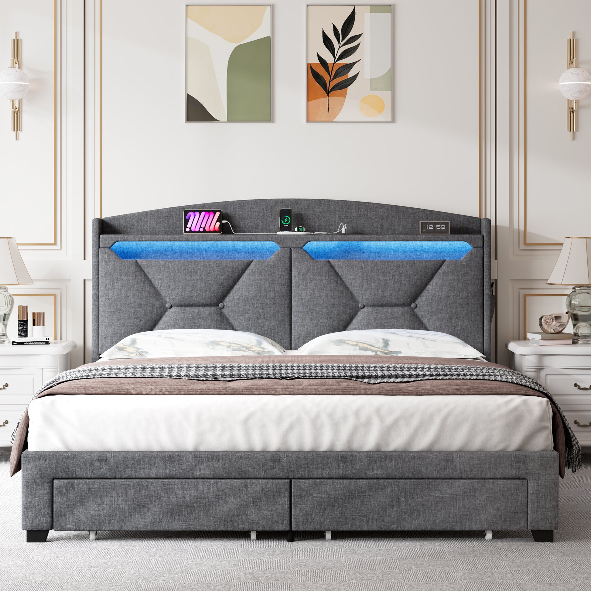 Storage Headboard ,Queen Size With Rf Led Lights Box Spring Not Required Queen Gray Wood Brown Bedroom American Design Poplar Bed Frame Metal & Wood Polyester Fabric