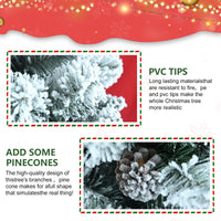 6Ft Snow Flocked Artificial Christmas Tree With Pine Cones, Prelit Xmas Trees, Hinged Easy Assembly & Reinforced Metal Base Ideal For Indoor & Outdoor Festive Decorations White Polyethylene