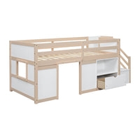 Solid Wood Twin Size Low Loft Bed With Stair, Drawer, And Shelf For Cream White Color Twin Box Spring Not Required Cream,White Wood Bedroom Kids Particle Board,Pine,Plywood